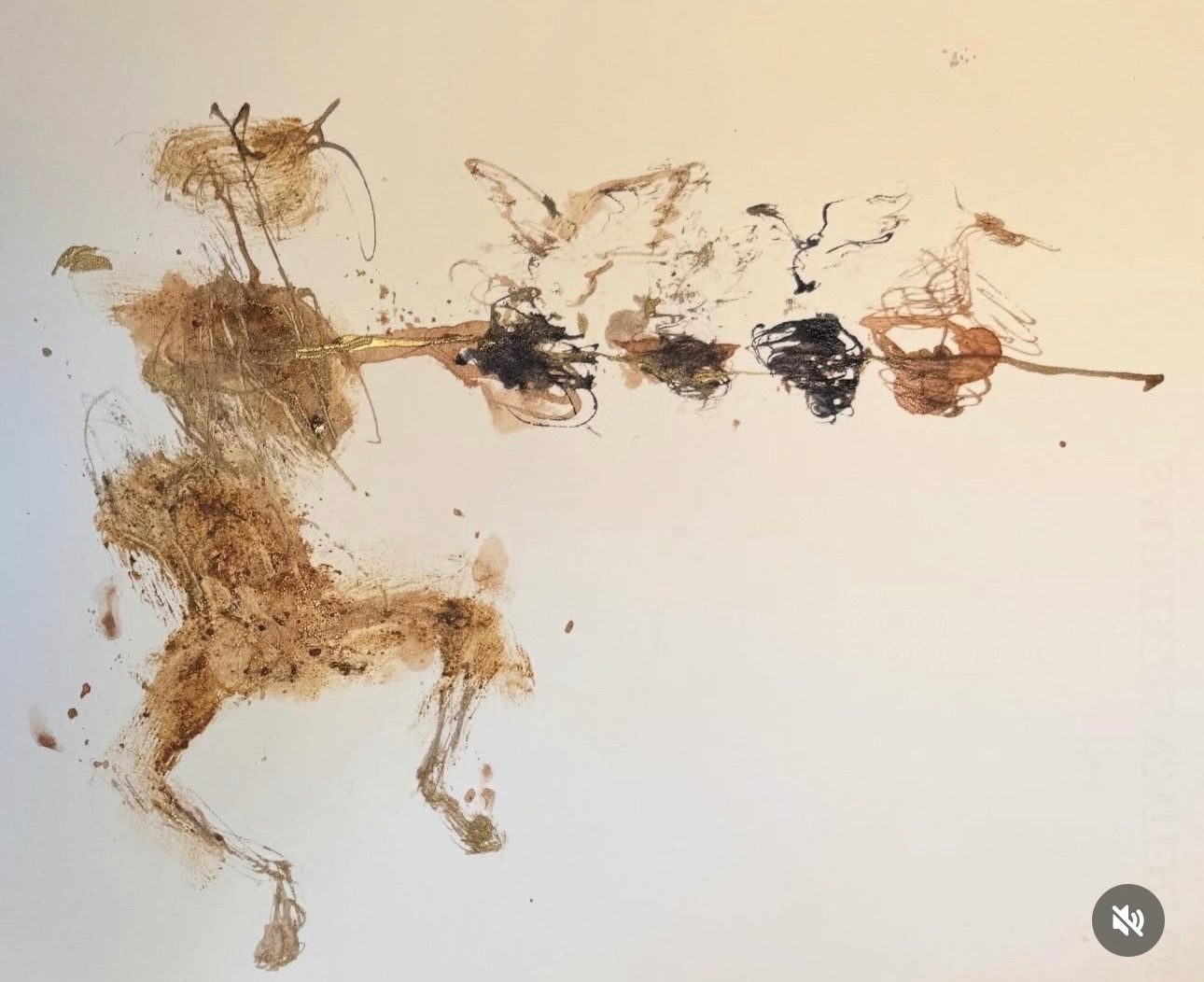 Drawing of an animal-human with birds and nests around it.