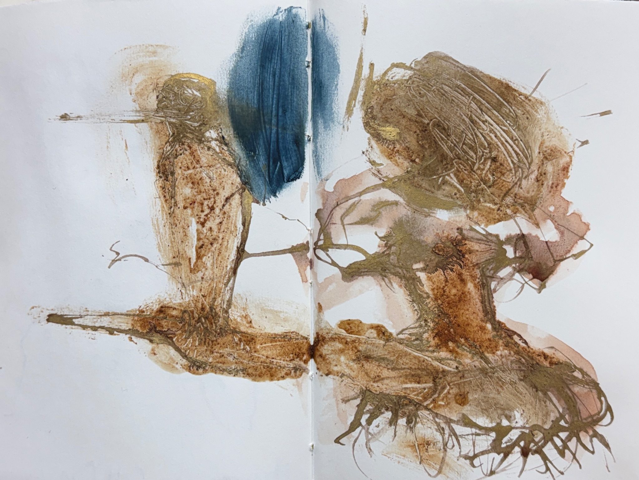 Drawing in pigment of a young woman sitting in a nest