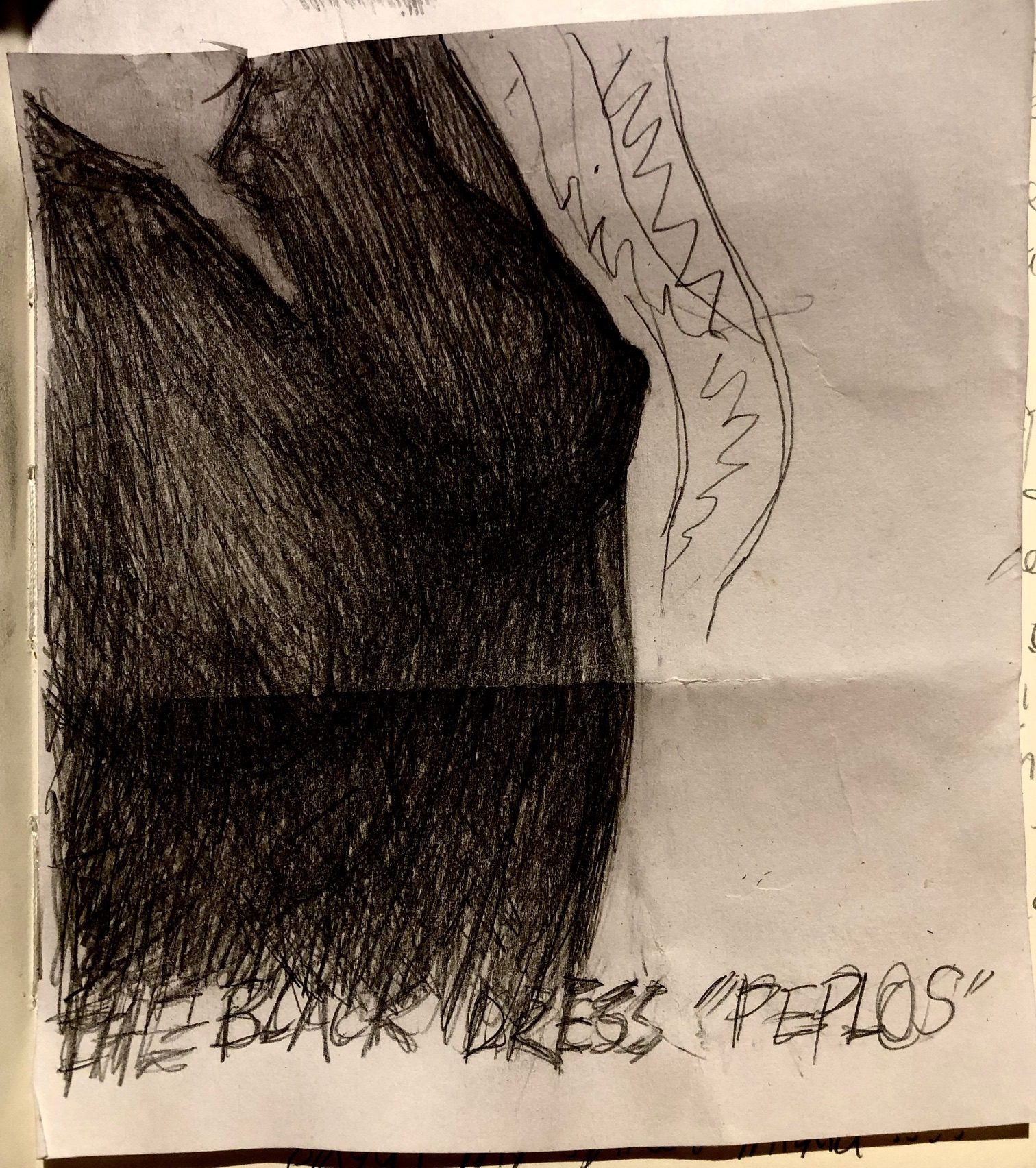 Graphite pencil drawing of a woman’s torso peplos dress