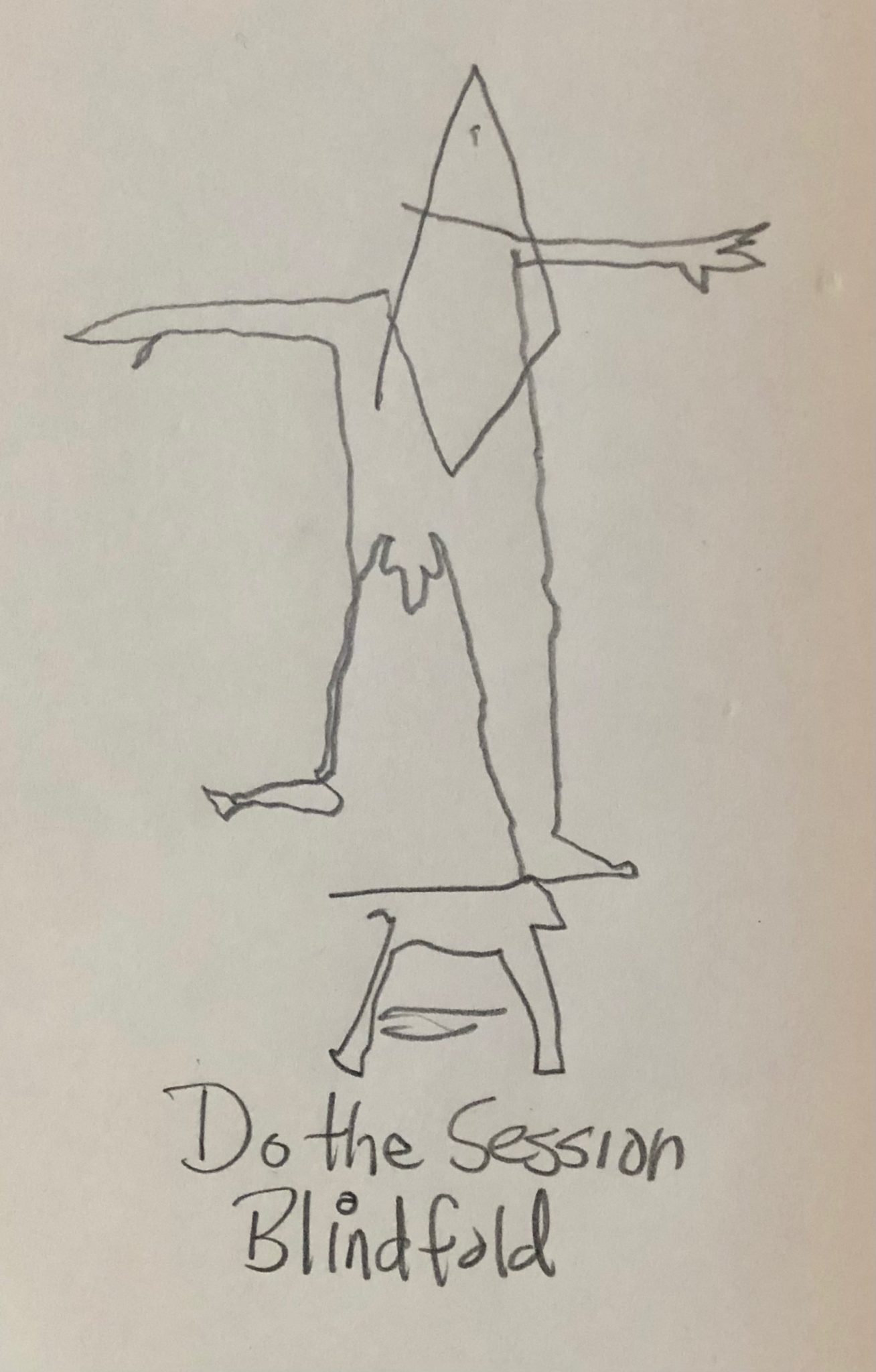 Graphite pencil drawing of a man standing on a stool, wearing a blindfold