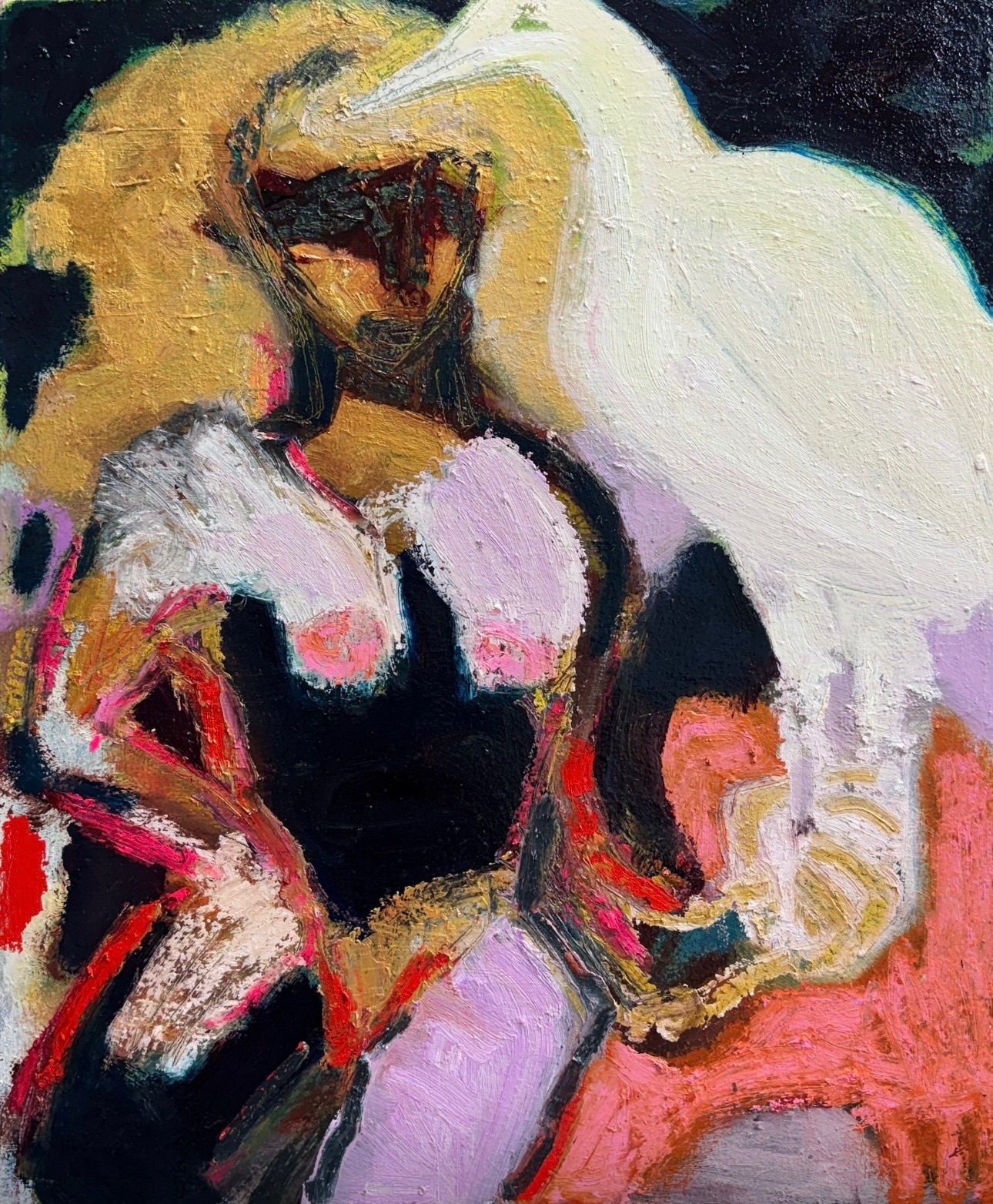 Painting in strong colours of a woman holding a bird.