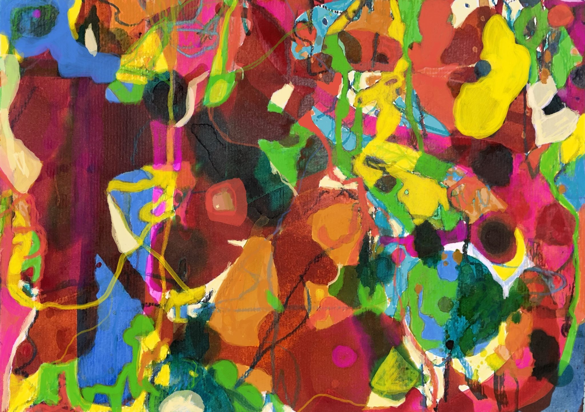 Brightly coloured abstract painting in inks and pastels by the artist adjusted in procreate