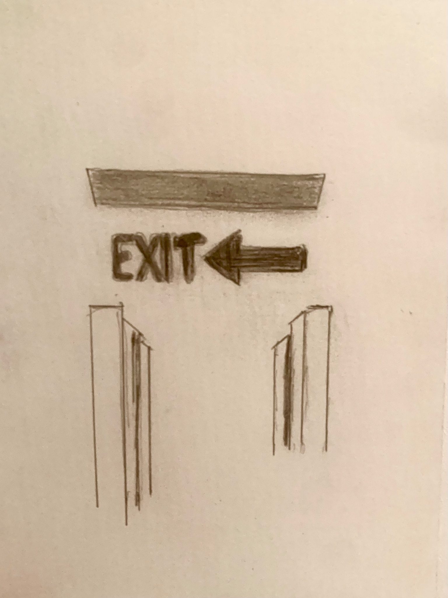 Exit means out, but the arrow points in. The disrupted lines and shifting shades reflect this tension.