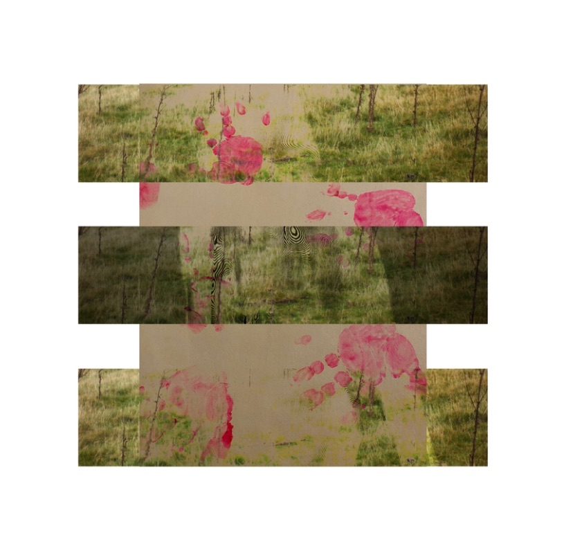 Digital collage after childhood handprints, mountain surfaces and silhouette of me