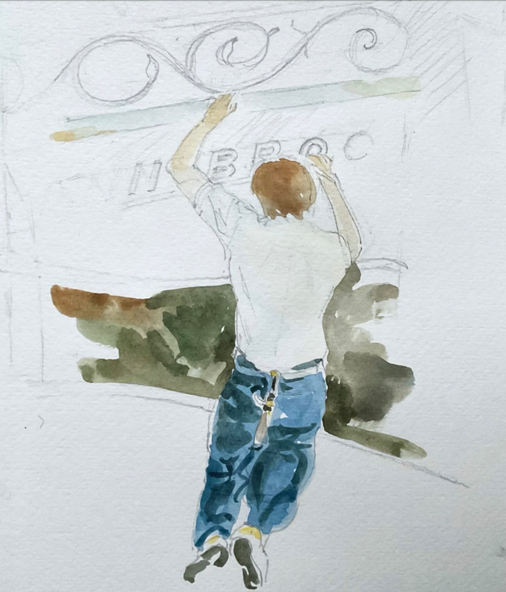 My mother kneels in a dinghy, moored behind a barge, and paints the stern with a steady hand !