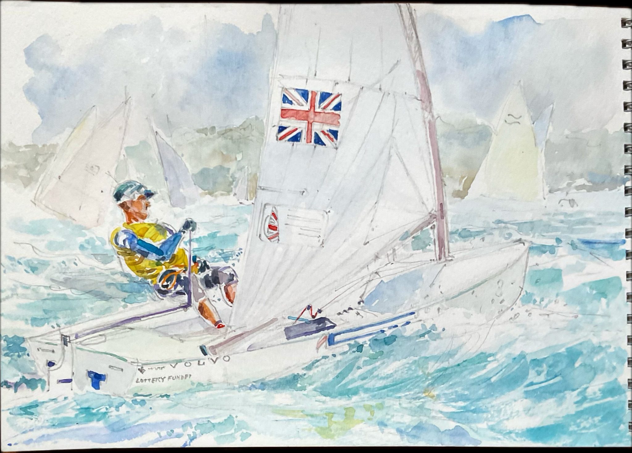 A quick watercolour study of an Olympic class FINN racing with others’ . Many thanks to Robert Deaves for his kind permission to use his photo for reference.