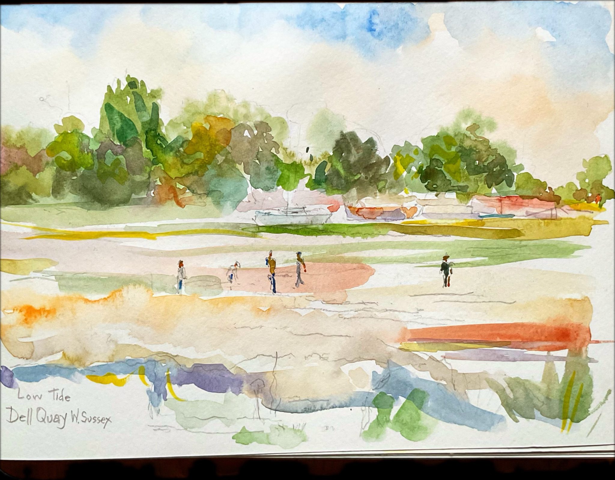 A group of people explore low tide at Dell Quay W Sussex. A brightly coloured expressive piece with bold mark making