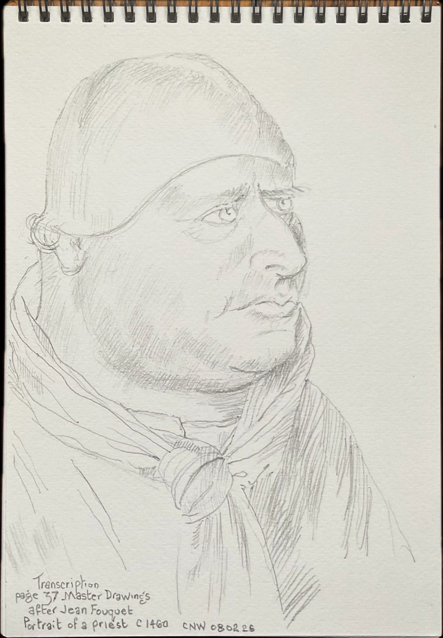 A grapite transcription (copy) of page 37 Master Drawings pub MacDonald 1962. Portrait of 15thC clergyman .