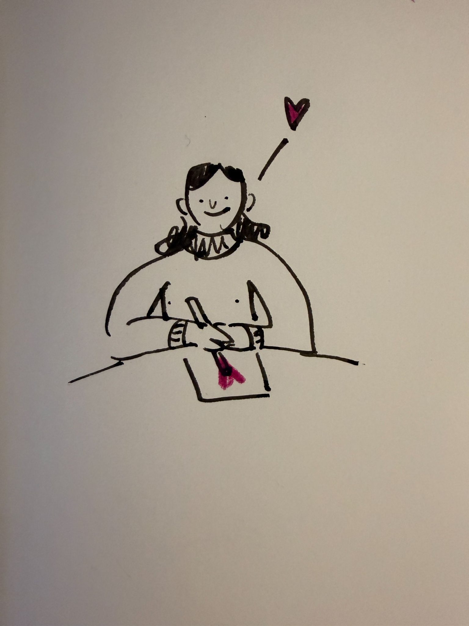 Black and white illustration of a girl feeling better while drawing. Black ink on paper.