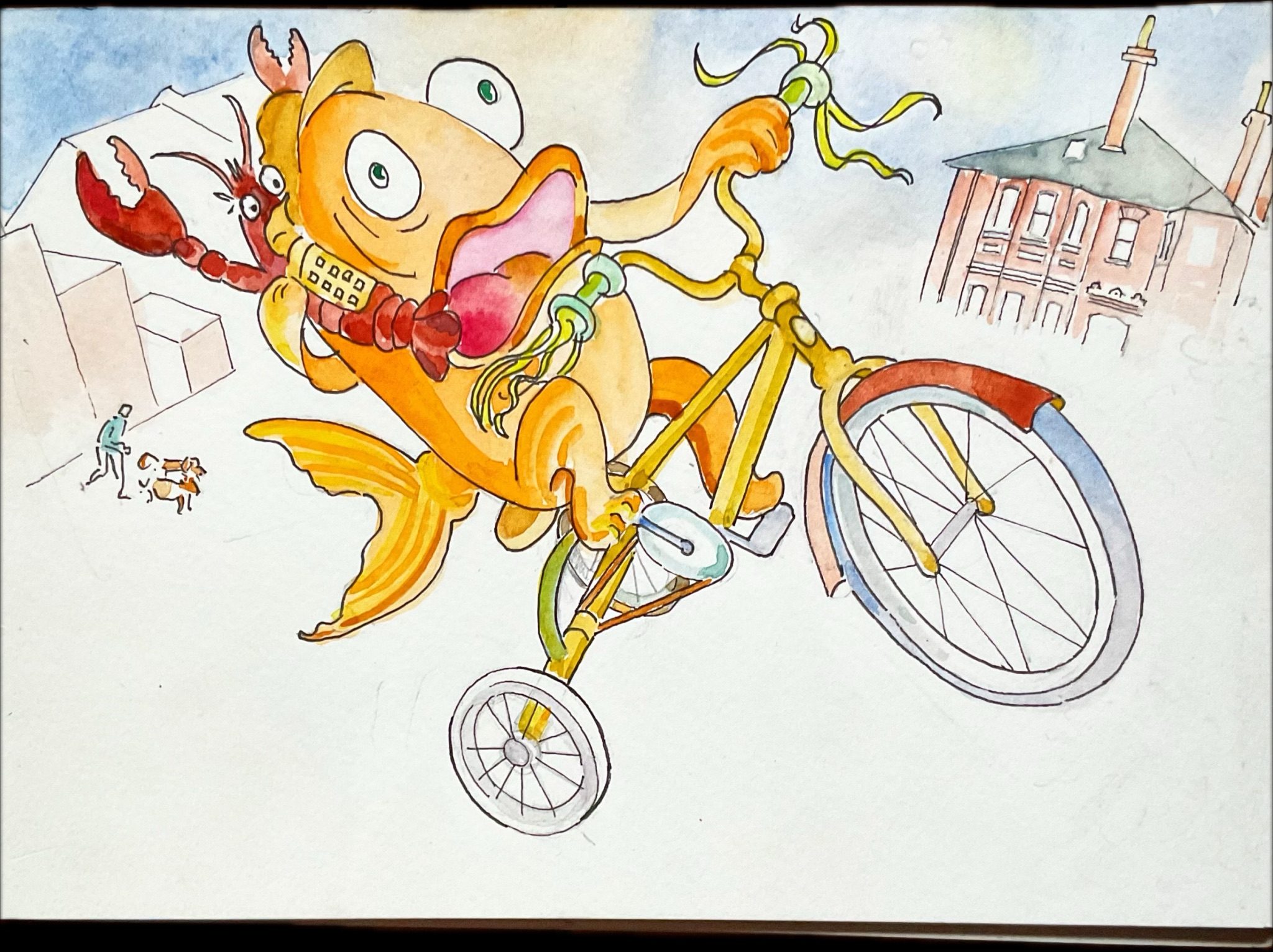 A colourfulfish on a tricycle is shouting at a mobile phone which resembles a lobster. The trike is pulling a wheelie with the front wheel off the ground.