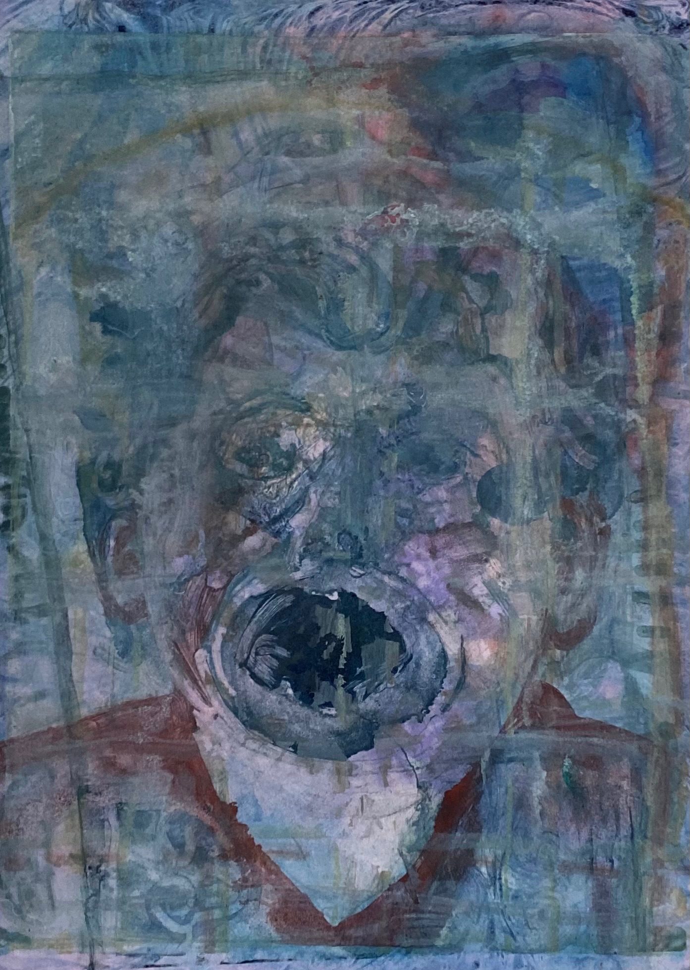 Oil, watercolour, pigment and dye on monotype. Image of young boy with face pressed against glass abstracted by réfections, patterns overlayed