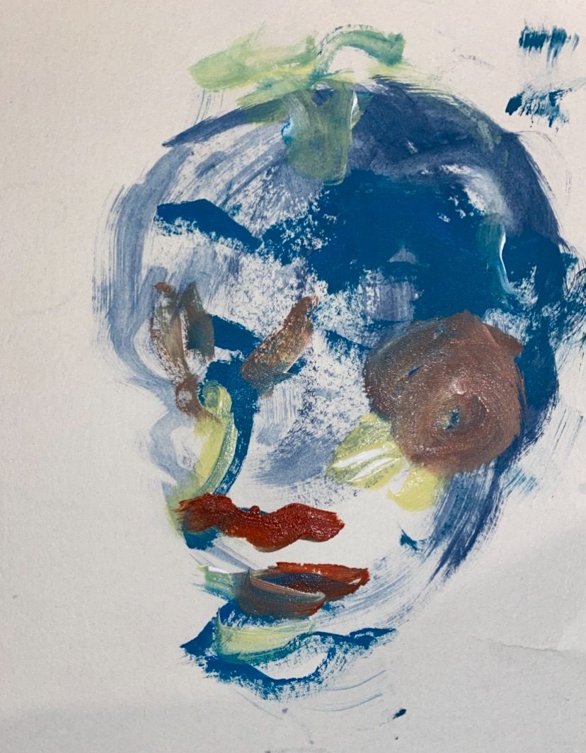 Acrylic portrait painted blindfolded strong use of blue