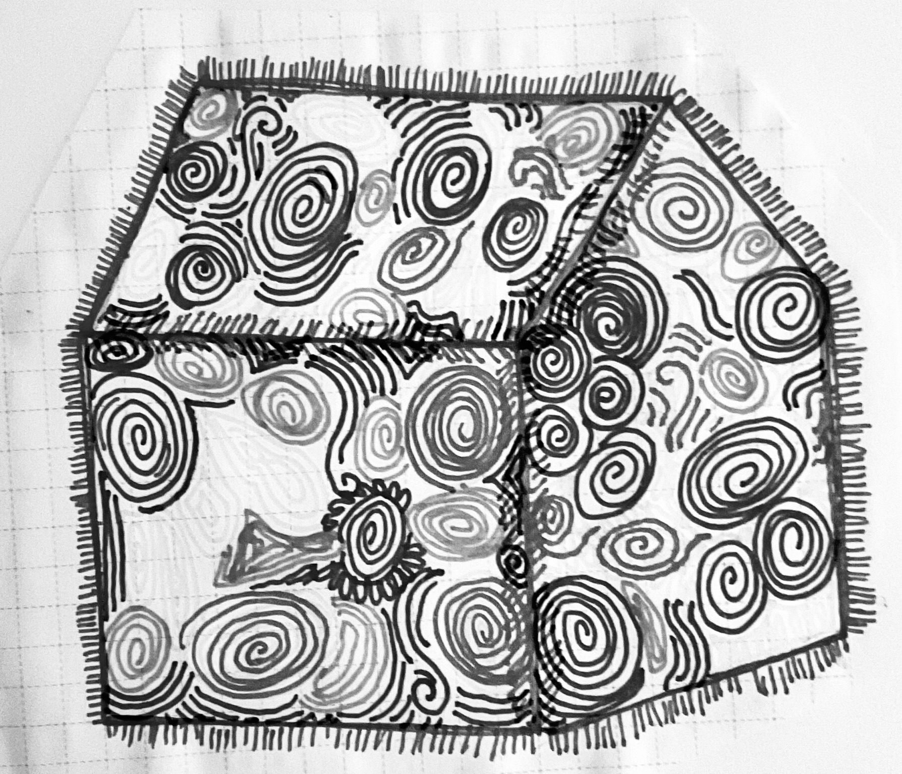black and white edit of swirly house doodle