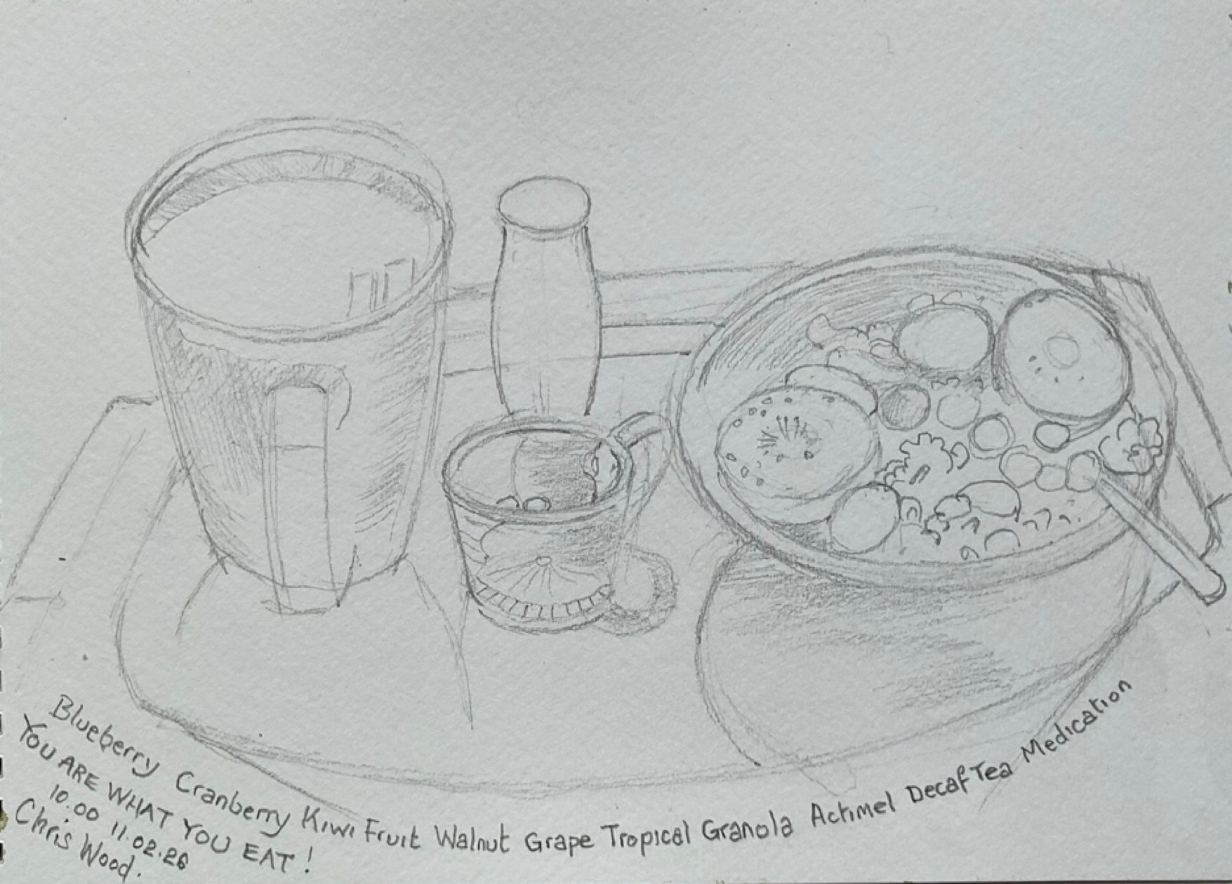 A graphite drawing featuring a breakfast tray with mug of tea, yoghurt, bowl of fruit and cereal and tablets