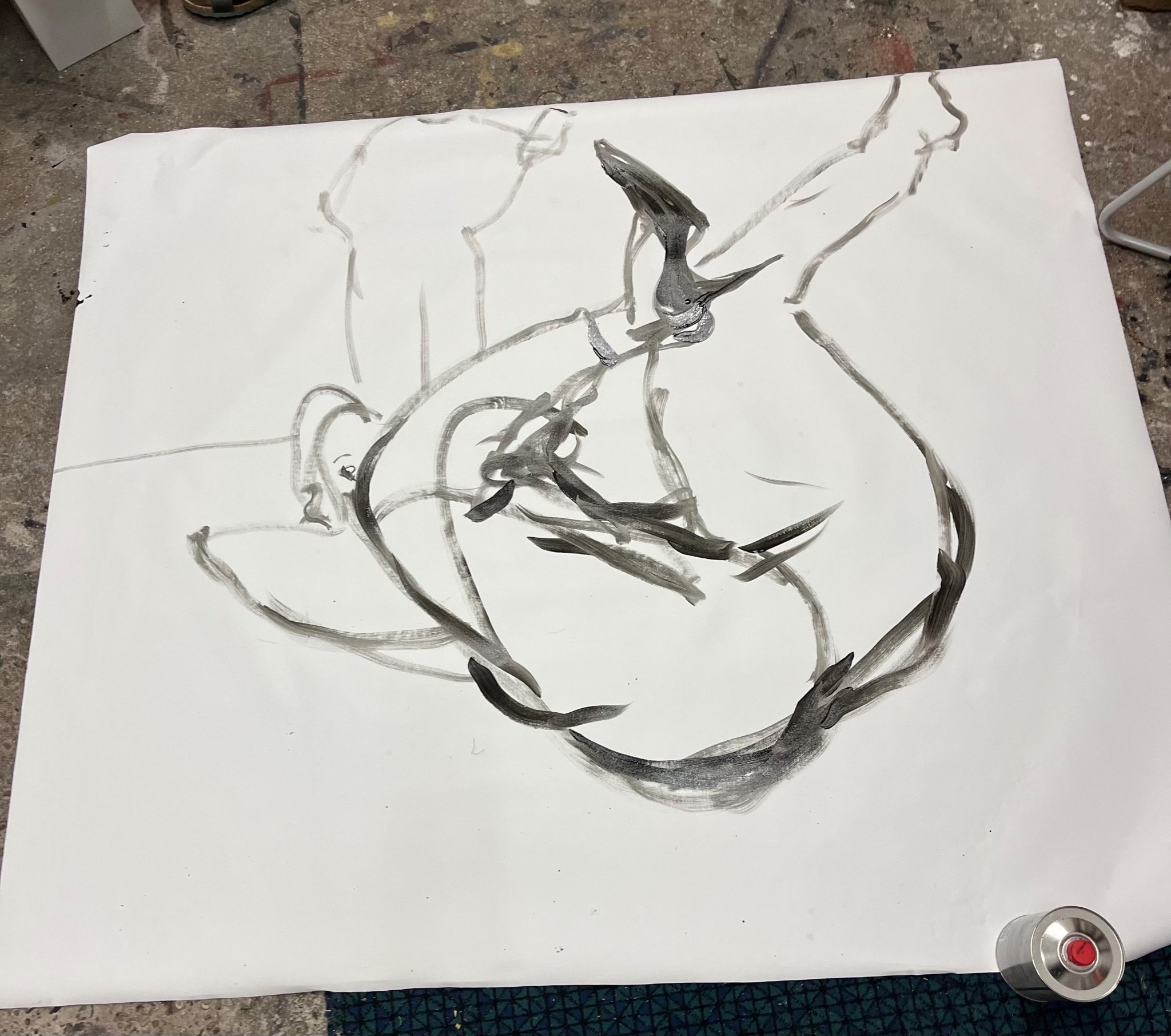 A drawing of a woman falling down, with one shoe