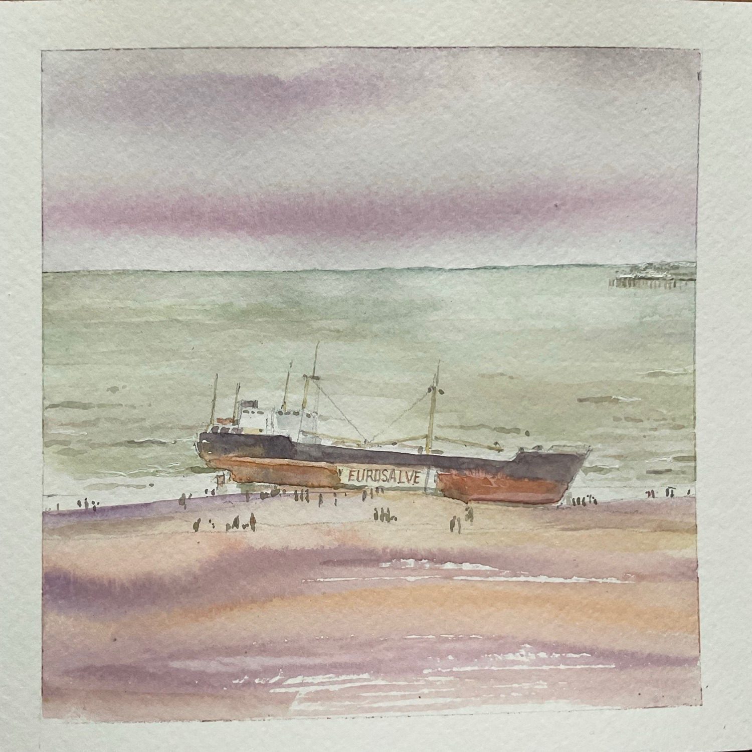 A stranded cargo ship being salvaged off Brighton Beach. She was successfully refloated and towed off to be cut up for scrap.