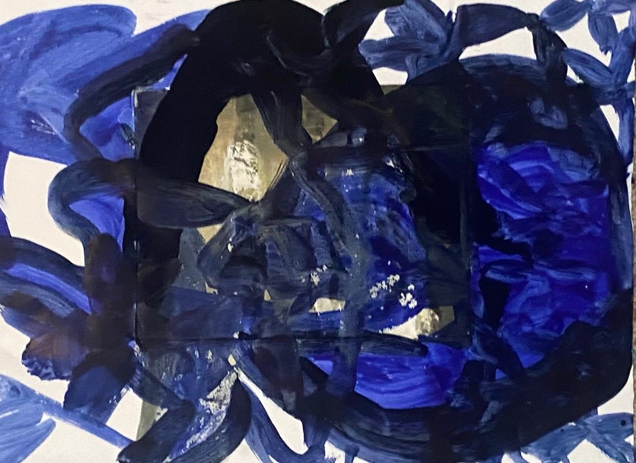 Pigment and binder on failed monotype, painted with shut eyes thinking about running through the undergrowth at night