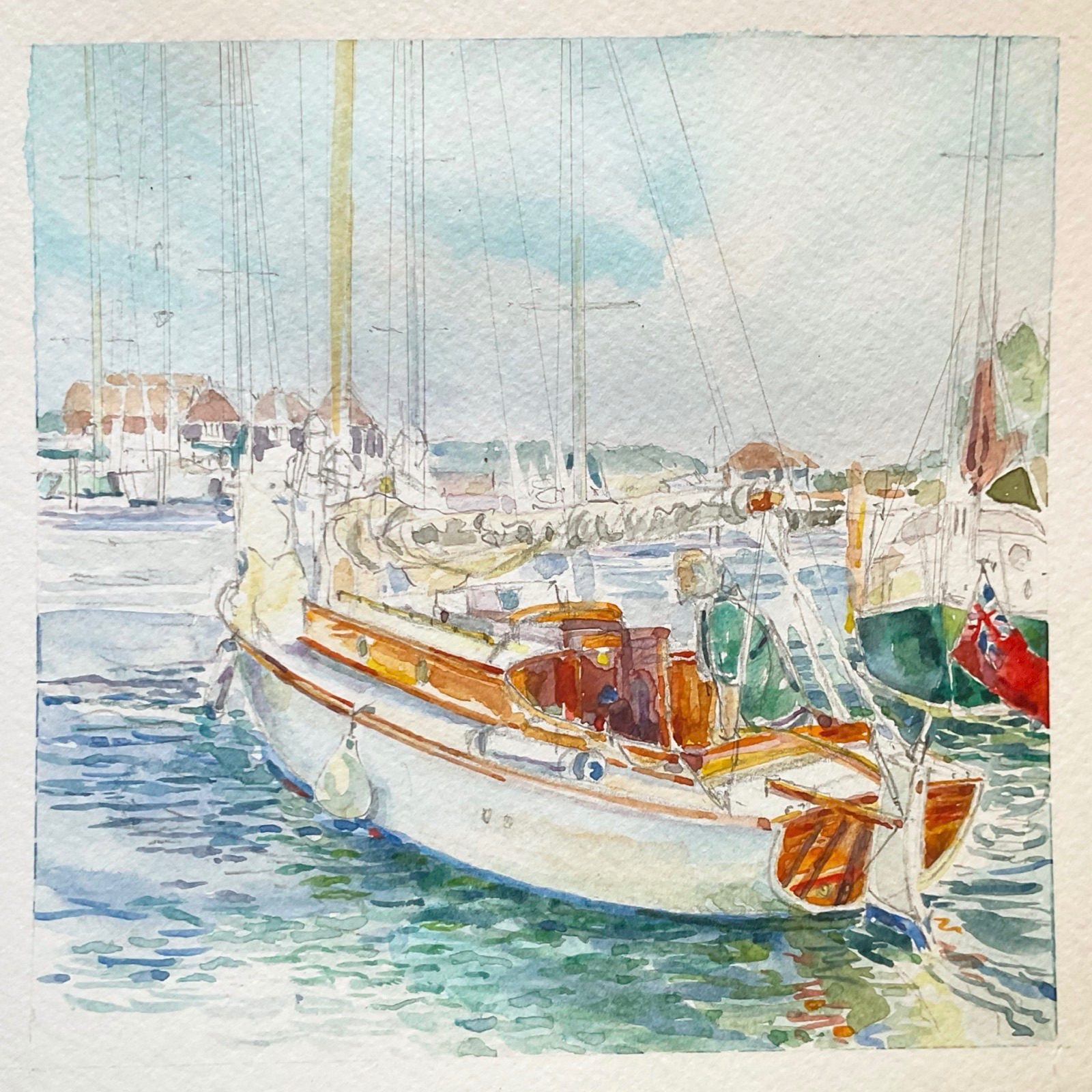 A classic wooden yacht motors out towards the lock. The mill is to the left. It’s a perfect day for a sail !  South Westerly force 2