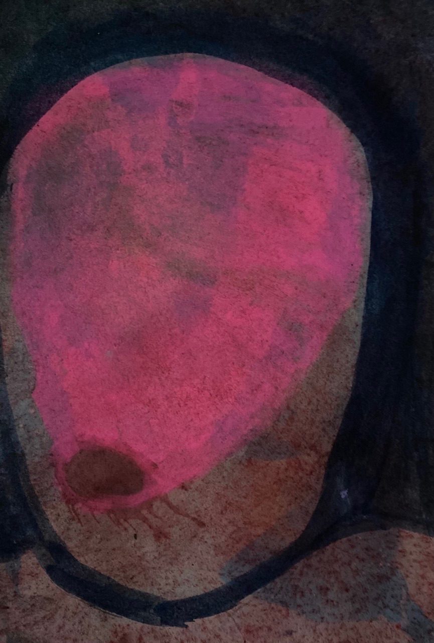 Self portrait, re using old work, faceless head. Dye, chalk, watercolour and pigment on paper