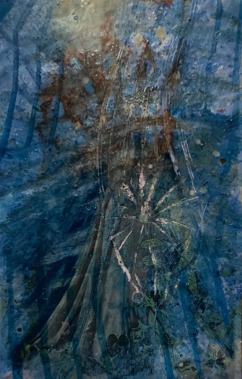 Oil and pigment on vintage postcard