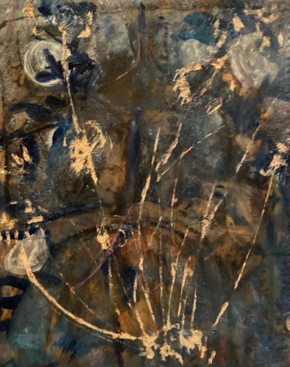 Oil and pigment on cropped vintage postcard a little girl peers out from behind foliage gleefully eating her stash in safety