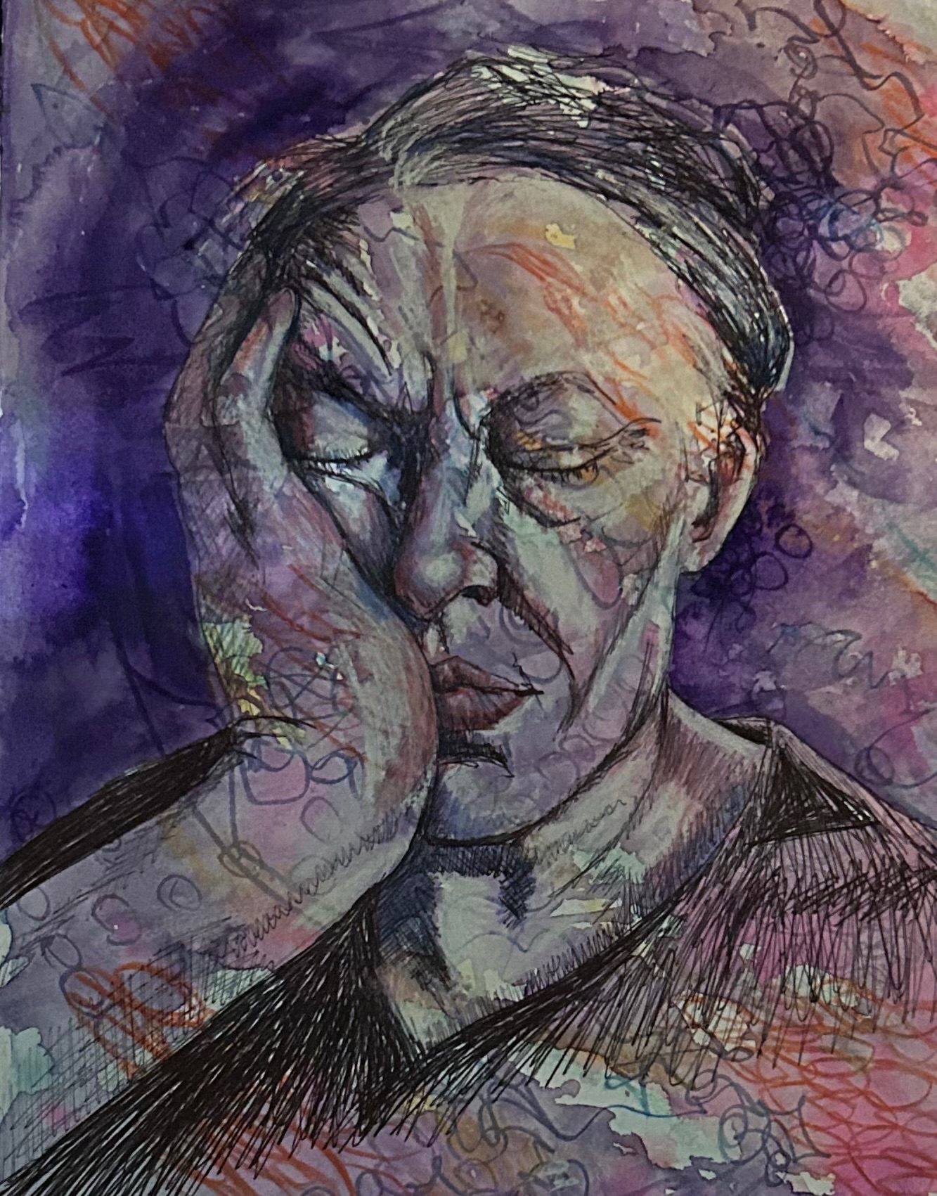 My head leaning on one hand, eyes closed, tired after a long day at work.