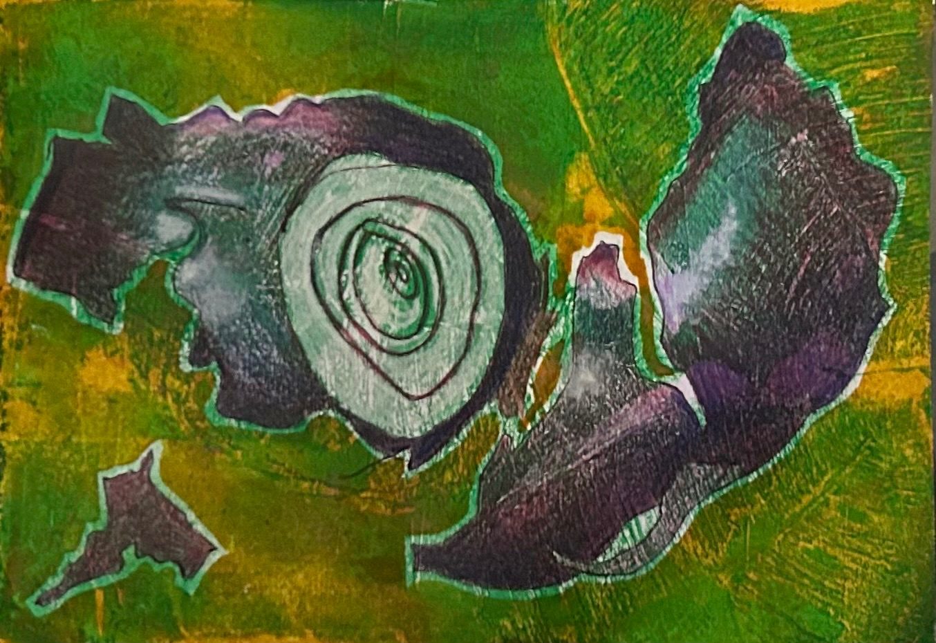 A discarded print base with biro, chalk, pencil, watercolour