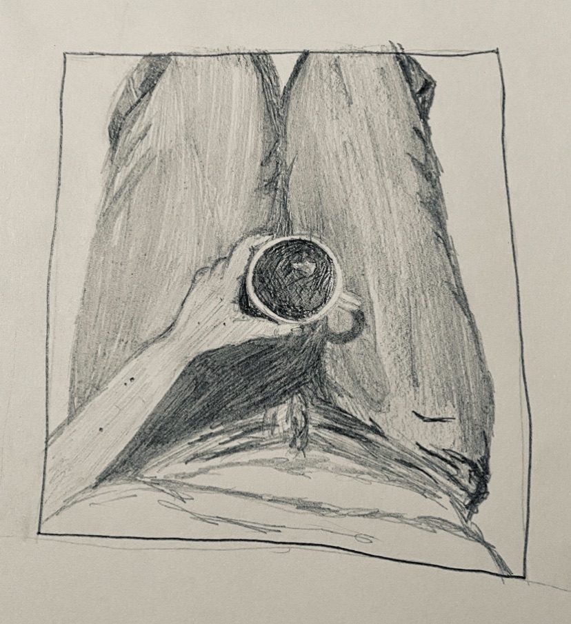 Looking down at cup of tea in lap sketch