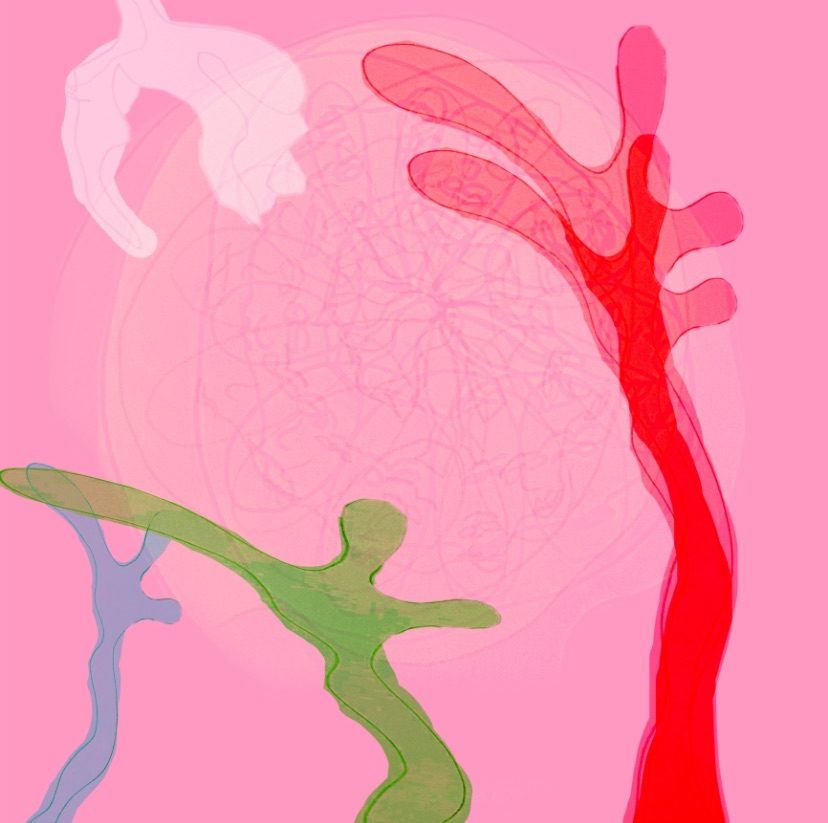 Digital collage of quick sketch book automatic drawing of oddly shaped tree roots and trees and linked heads