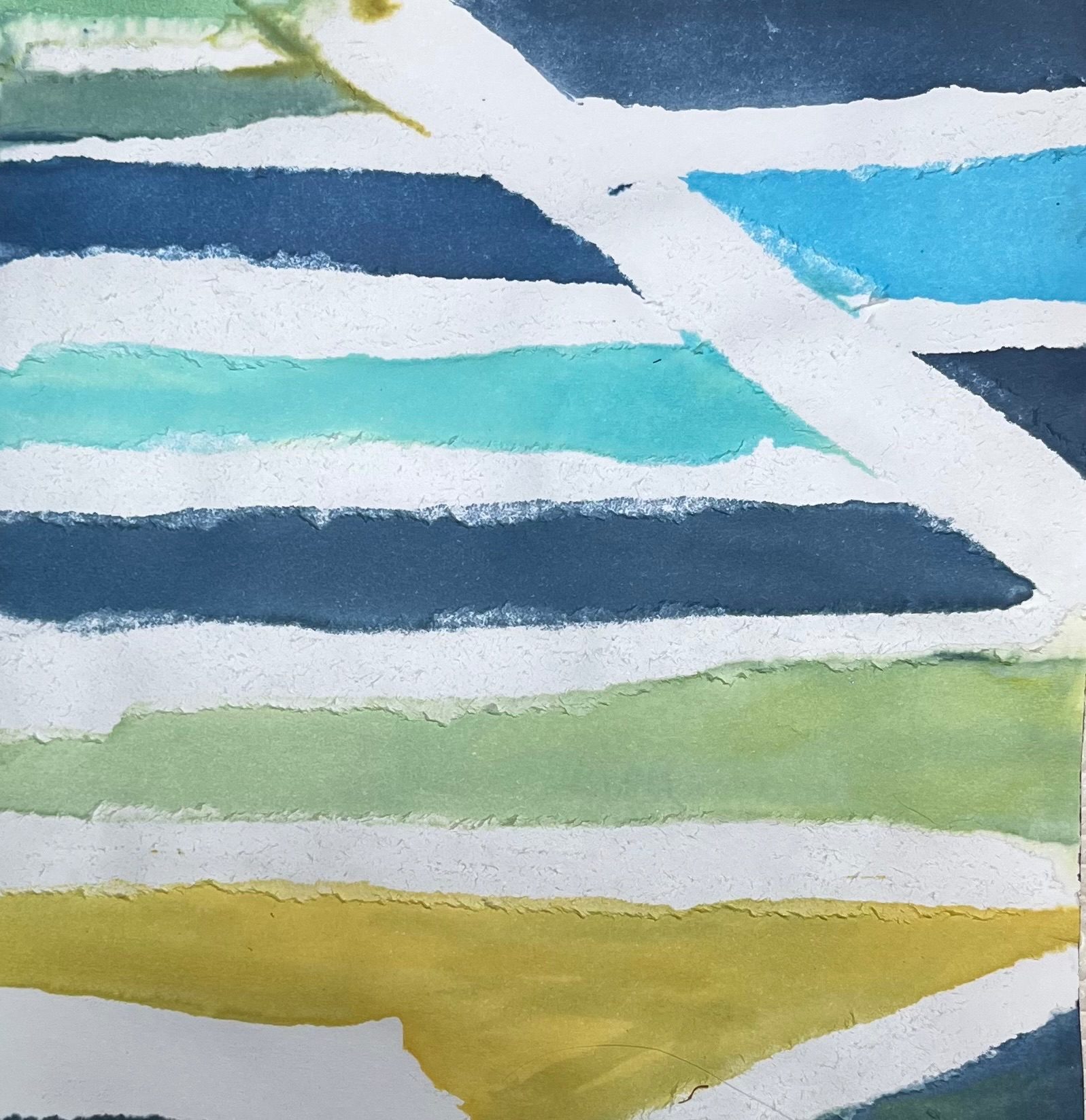 a small painting in ink with blue, turquoise and ochre lines with fraying edges