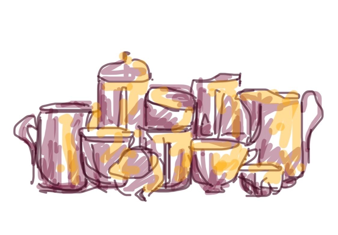 Digital drawing of Crockery grouped together