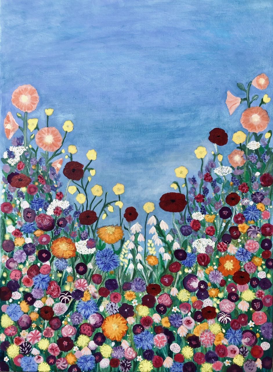 Summer wildflowers colourful floral painting with blue sky