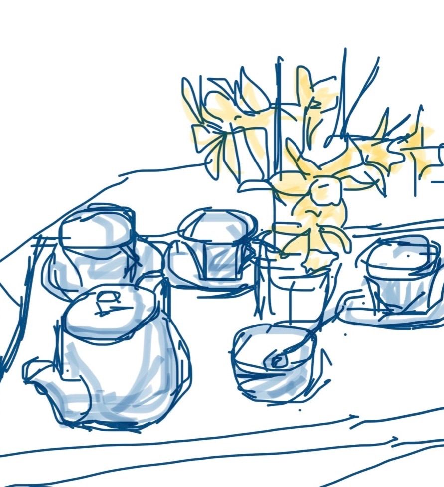 Digital drawing of tea set with daffodils