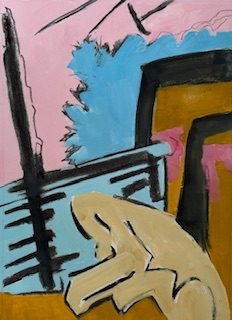 Portrait shaped abstract landscape painting. A black vertical mark slopes away from two marks that look like they indicate the left hand edges of structures. There is a pink sky with a blue bush-like shape between the marks. The lower edge of the image has an amorphous shape in a pale yellow ochre in front of a light blue rectangle.