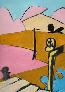 Portrait shaped abstract landscape painting. An abstract landscape with three pale pink hills in the background against a pale blue sky. Black bush/tree and pole like shapes cross an ochre and pink mid/foreground. The foreground has what looks like four planks jettying out towards a blue irregular shape.