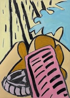 Portrait shaped abstract landscape painting. Simple abstract shapes and lines cross the top left. Vertical sloping black lines and dashes on a light beige background meet a blue organic shape. The bottom half of the image shows a pink rectangular shape with black short lines against some other beige /umber shapes. There’s part of a cicular shape hiding under them.