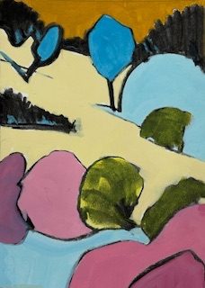 Portrait shaped abstract landscape painting. A simplified landscape of bush and tree shapes in a hilly view. Two bright blue and pale blue tree shapes stand in a yellow field in front of an ochre sky with black hedges on the horizon.  The foreground has more rounded bush shapes in various pinks and olives surrounding a blue shape.