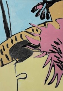 Portrait shaped abstract landscape painting. A spikey pink shape on the lefthand side overlaps a pale yellowish background and a light ochre band running from left to right. There are short black marks on parts of the pink and ochre shapes.  A black oval shape is mid ground and leaf-like shapes in the top right. A light blue sky is cut on the lefthand side by a thick and thin vertical mark.