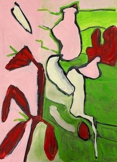 Portrait shaped abstract landscape painting. Various abstract organic shapes float over a backgound of pink and green. A darkish red shape similar to a stem and leaves takes up the lower left side of the image. Other amorphous pinkish and cream shapes rise vertically on the righthand side above a green background.