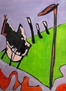 Portrait shaped abstract landscape painting. A bright green irregular triangular shape is surrounded on two sides by a mid lilac background.  At the bottom of the image, a wavy vermilion shape crosses from left to right. The righthand side shows a shape like a small triangular flag on a pole in black with vermilion highlights. There are three further short vertical marks plus a more solid shape on three legs in the centre of the image standing on the green background.
