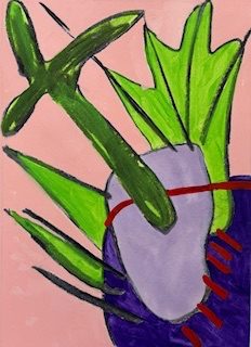 Portrait shaped abstract landscape painting. Some green, semi abstract plant-like forms sprout from two irregular oblong shapes in lilac or dark purple on the lower right-hand side of the image. A light pink background surrounds them all. There are some red lines and dashes on the purple shapes.