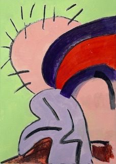 Portrait shaped abstract landscape painting. A light green background and pink sun-like shape with black dashes seems to rise behind hill shapes. These are formed by purple and red arcs flowing down from the top right. They meet a lilac leaf shape that is anchored by a reddish black at the lower edge.