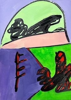 Portrait shaped abstract landscape painting. The foreground is vertically divided in half by irregular blocks of dark violet and bright green. The violet has a back vertical mark with four vermilion dashes on the righthand side. The green side has an organic shape in black with vermillion highlights. The top half of the image has a pink block covered by a light green dome with a organic black shape lying on the pink. A light lilac fills in the rest of the image like the sky.