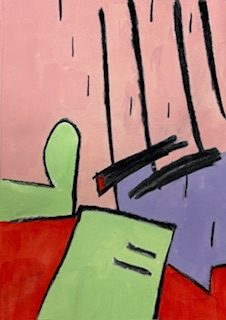 Portrait shaped abstract landscape painting. Two light green shapes at the lower edge rest on a vermillion background. Above them is a salmon pink ‘sky’ with four vertical lines one the on right hand side. There are also a few short dashes that could indicate rain. They fall towards a light lilac block that has two horizontal sloping black marks hovering over it. on the lower light green shape, two short black dashes anchor the vertical lines.