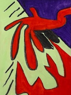 Portrait shaped abstract landscape painting. A light green backgound has a diagonal purple triangle cutting off the top right hand corner. The green also has a few diagonal lines in black, top and lower left. A bright red leaflike shape covers the top half of the image with a corresponding red jagged shape rising form the lower edge.