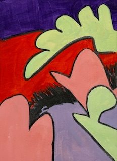 Portrait shaped abstract landscape painting. A purple, red and lilac backgound is overlain by two light green amorphous shapes and two pink forms. The image suggests a landscape with these other shapes floating above.