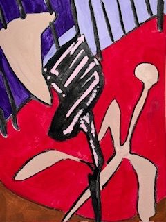 Portrait shaped abstract landscape painting. A bright red background covers about two thirds of the image. A triangular shape in purple and lilac cut off the top of the image. A brown curve is on the lower edge. Across the background colours are three shapes. An irregular oblong and a plant shape in a buff colour and a black /pink flower type of shape that anchors them both. All shapes are abstract.