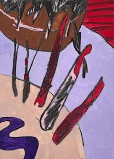 Portrait shaped abstract landscape painting. A brown semi-circle with jagged black and pink lines hangs from the top edge of the image. Underneath, a lilac curved shape hangs down to the lower right edge. A buff semi-circle fills in the rest of the lower left which also has a purple shape running from left to the lower edge. Across the centre and falling to the bottom are five varied, vertical irregular marks in black, pink and red. They link the top and lower parts of the image.