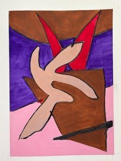 Portrait shaped abstract painting. Bands of brown, purple, pink are covered by three shapes. A red two pronged spike is overlain by an irregular brown rectangle and a buff coloured plant-like shape. A black slightly horizontal line crosses the lower part of the brown rectangle.