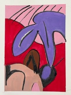 Portrait shaped abstract painting. A large purple irregular shape floats above a pink and red background. It has two prongs that point towards the lower edge. The lower left edge has a semi-circular shape with smaller brown and black ovals on its top edge. There are various black marks on each shape.